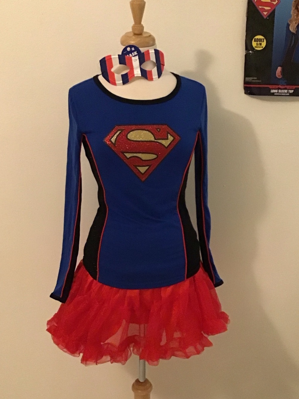 Girls Supergirl-Inspired Blue and Red Superhero Costume Dress with Mask